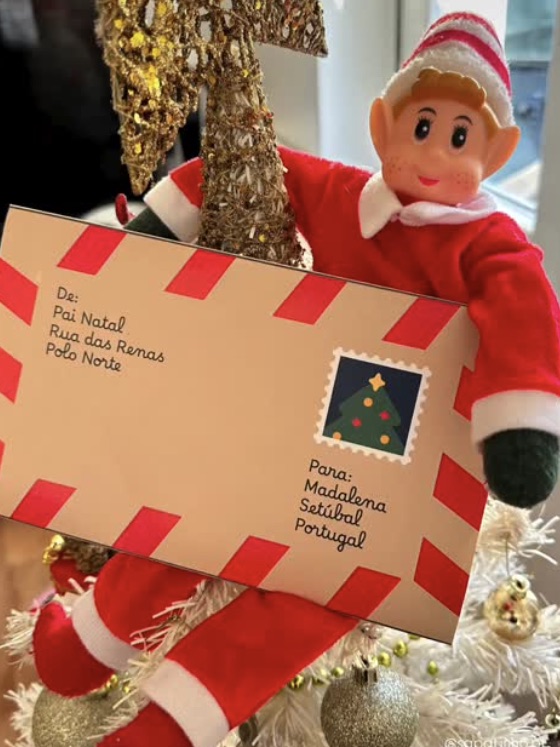 Elfo de Natal no topo da árvore a segurar uma carta do Pai Natal
