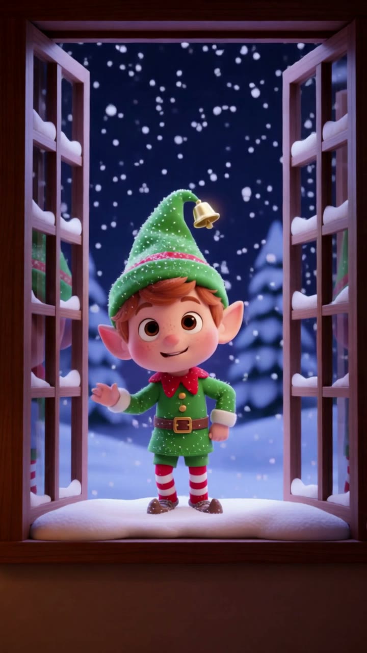 O Pimpão, o elfo do Pai Natal, abre a janela por magia e pede ajuda à criança