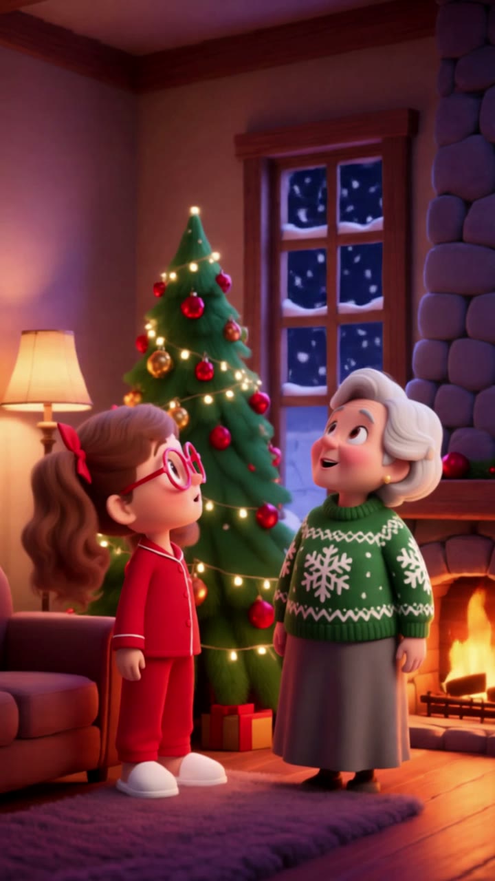Cena do cartoon de Natal personalizado: a criança e a avó junto à árvore de Natal, na sala