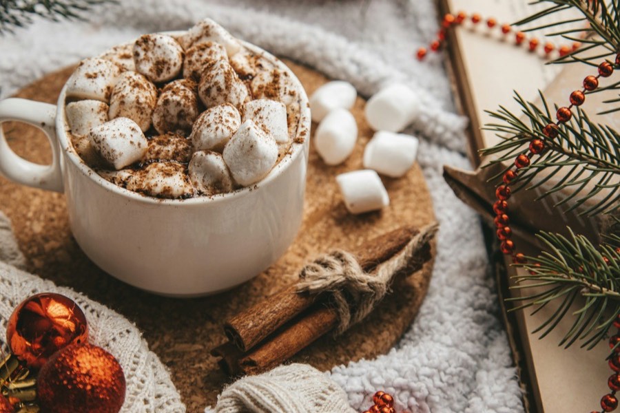 Chávena de chocolate quente com marshmallows e canela