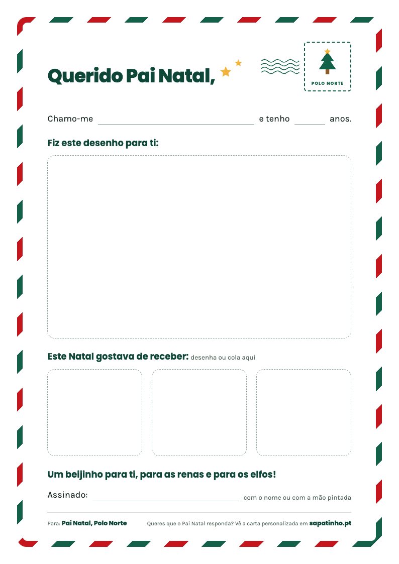 Modelo de carta ao Pai Natal para desenhar, com um espaço grande para o desenho e três caixas para desenhar ou colar as prendas
