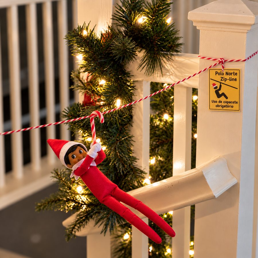 Elfo de Natal pendurado numa cana de açúcar numa tirolesa de fio na escada, com o aviso «Polo Norte Zip-line»