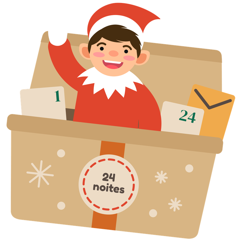 Elfo de Natal a acenar de dentro da caixa do Kit Cenários do Elfo, com cartões do 1 ao 24