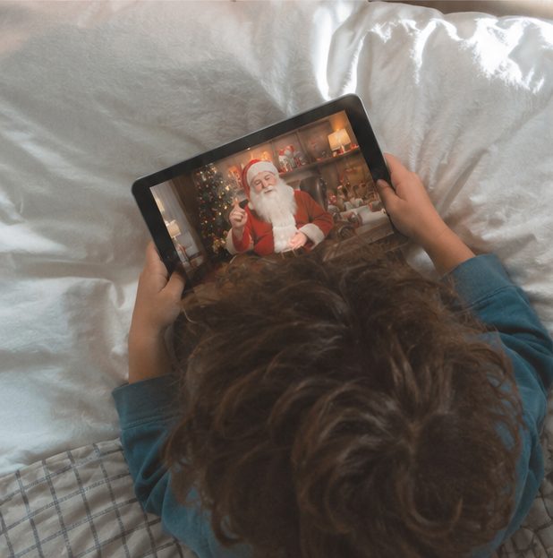 Criança na cama a ver o vídeo do Pai Natal a falar para ela no tablet